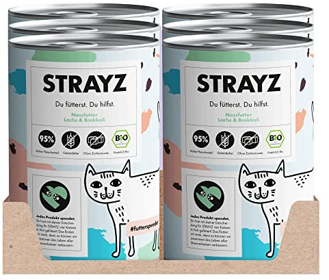 STRAYZ - Bio Katzenfutter nass - Lachs & Brokkoli: Getreidefreies Katzenfutter hoher Fleischanteil ohne Zucker - Spendet für Straßenkatzen - 6x400g Dose