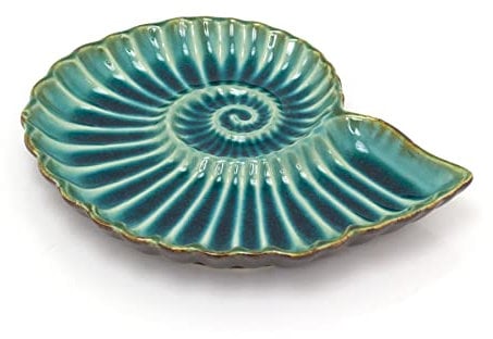 Carousel Home Ceramic Blue Teal Ammonite Fossil Plate | Trinket Tray Jewellery Dish Display Plate | Nautical Decorative Storage Plate Ornament