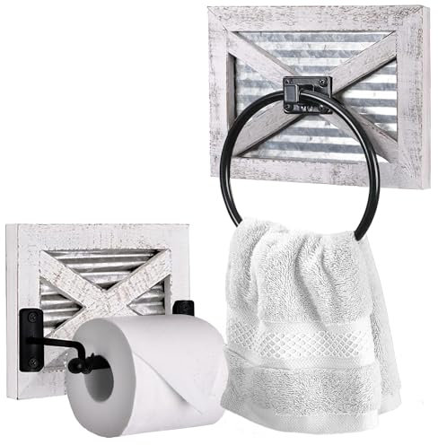Autumn Alley Farmhouse Toilet Paper Holder and Towel Ring, Wall Mount, 2 Set - Farmhouse Wall Toilet Paper Holder and Bathroom Hand Towel Holder Decor, Wooden, Rustic White