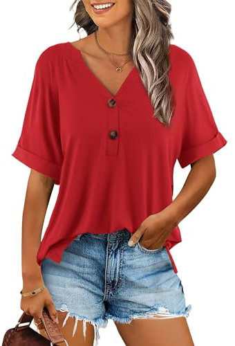Beluring Shirt Damen Sommer Kurzarm Oberteile Elegant Kleidung Blusenhemd Rot M
