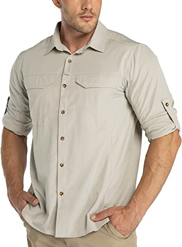 33,000ft Men's Long Sleeve Hiking Shirt Lightweight Quick Dry UV Button Shirts with Pockets Outdoor Shirts for Safari Walking Fishing Khaki XL