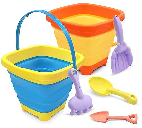 6pcs Bucket Beach Toy Set, Foldable Beach Bucket with Shovels and Rake, Kids Beach Play Sand Pail Buckets with Handle, Sand and Water Outdoor Fun Tools for Boys Girls
