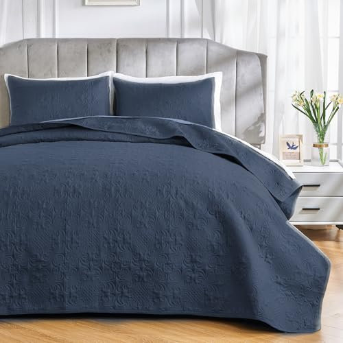 Qucover Tagesdecke 240x260 Blau, Ultra Weiche Tagesdecke Bettüberwurf, Bedspreads aus Mikrofaser, Steppdecke bei Ultraschall genäht mit 2 Kissenbezügen, Sofa Überwurfdecke Wohndecke für Bett