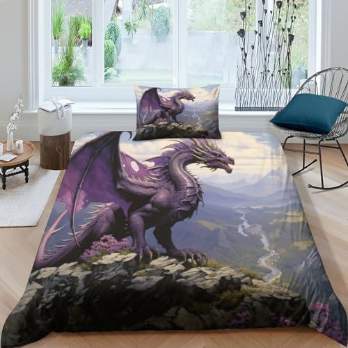MEFESE Bettbezug mit 3D-Druck,lila Fliegender Drache,Bettwäsche-Set,Mikrofaser,Bettbezug und Kissenbezug,weicher Winter-Bettbezug für Männer,Frauen,Kinder,Einzelbett