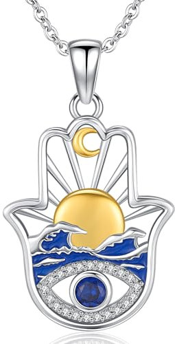 Hamsa Hand Kette 925 Sterling Silber Hand der Bösen Augen Anhänger Damen Halsketten Amulett Schmuck, Geschenke für Mamasa Freundin Mädchen