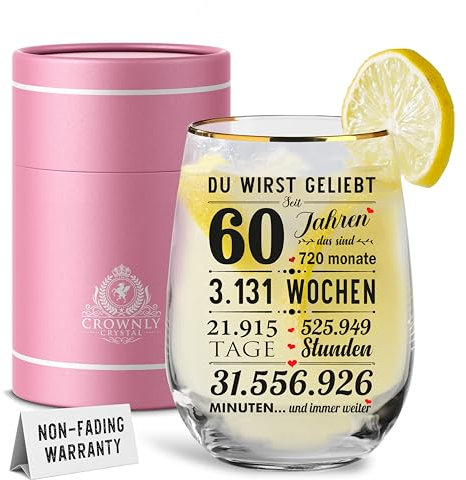 CROWNLY CRYSTAL® Personalisiertes Glas 60. Geburtstag – Geburtstagsgeschenk Frauen Männer – Kristall Cocktailglas Geschenkbox Handgefertigt