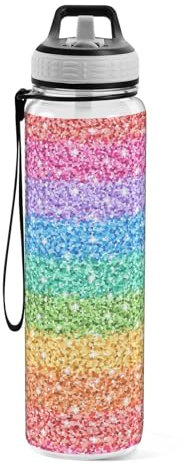Sports Water Bottle Rainbow Glitter Pattern Tritan Drinking Bottle with Straw Large 1000ml BPA-Free Clear Leakproof for Kids Boys Girls Women Men Gym School