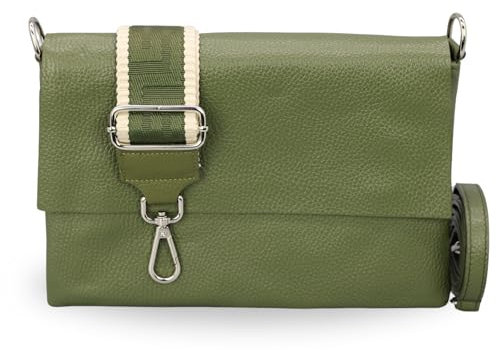 BRISE Umhängetasche Damen Echtes Leder ELISA Handgemachte Handtasche Kleine Schlanke Tasche 3 Fächer Crossbody Bag mit Ledergurt + Optionalen Breiten Gemusterten Riemen Made in Italy (Khaki-5)