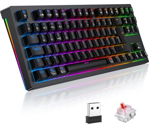 TECURS Clavier Gamer Mécanique sans Fil 80% TKL AZERTY, Clavier Gaming Bluetooth/2.4Ghz/USB-C Programmable avec Interrupteur Rouge, Clavier Mecanique de Jeu RGB pour PC/PS5/Win/Mac/Android/iOS, Noir