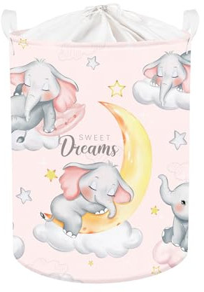 Clastyle 45L Grand Corbeilles à Linge Eléphant Endormi Rose pour Garçon Fille avec Poignée Paniers à Linge Sale Lune Repliable Vêtements Jouets avec Couvercle pour Salle de Bain