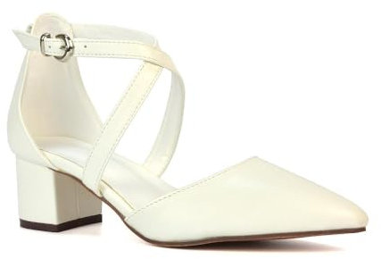 ESSEX GLAM Womens Strappy Ankle Strap Court Shoes Ladies White Satin Low Heel Point Toe Close Toe Pumps Size 8