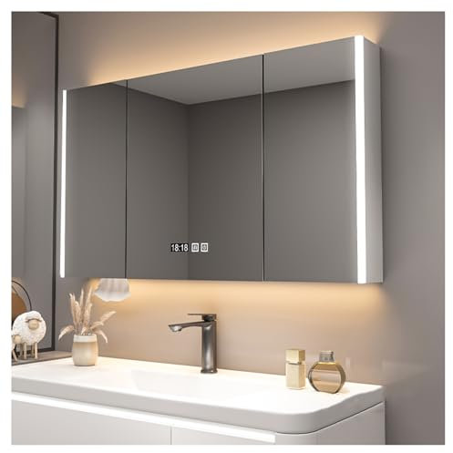 Spiegelschrank Bad mit LED Beleuchtung,Spiegelschrank Badezimmerschrank mit 3 Spielgeltüren Aufbewahrungsschrank Wandschrank Medizinschrank Hängeschrank for Badezimmer(Color:A2,Size:W100*H70cm/W39.4*H