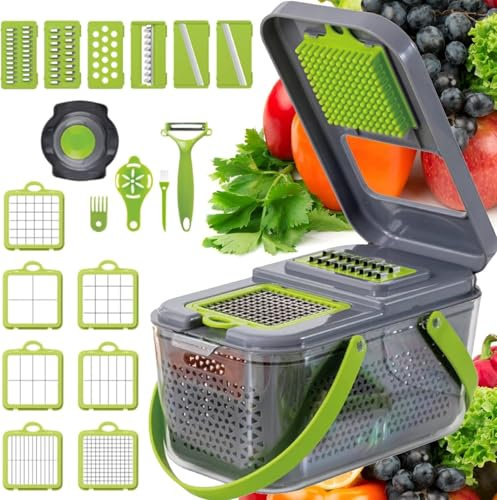 PUPZY, 22 in 1 Vegetable Chopper - Onion Chopper with 12 Blades and Container,Veggie Mandoline Slicer Food Chopper for Kitchen Gray