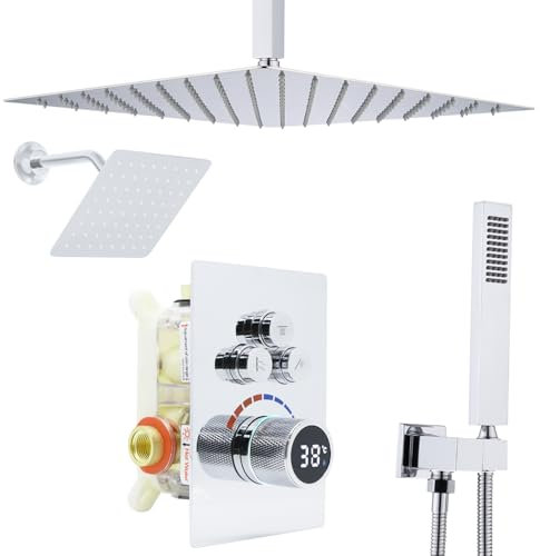 Delnet Dual Shower Heads Digital Display Shower Mixer Set, with 12 Ceiling Mounted Rain Shower Head & 6 Wall Mounted Head, 3 Way Outlet Digital Display Shower Valve, Chrome