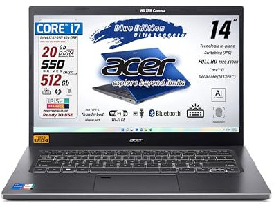 acer Notebook Intel Core i7-1255U, 10 Core, ram 20Gb, SSD Pcie Nvme 512Gb, display 14 FHD IPS, Tastiera retroilluminata, Fingerprint, thunderbolt, ultraleggero, Win 11Pro, blu, preconfigurato