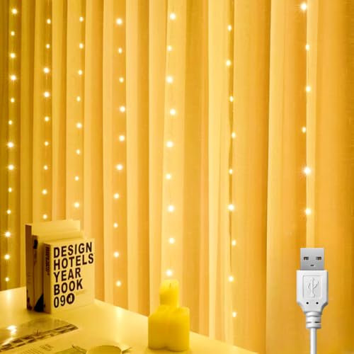 Guirlande Lumineuse,1x1m 100LED USB Rideau Lumineux Noel Intérieur,Guirlande Lumineuse Rideau pour Noël, Mariage, Anniversaire, Fenêtre(Blanc Chaud)
