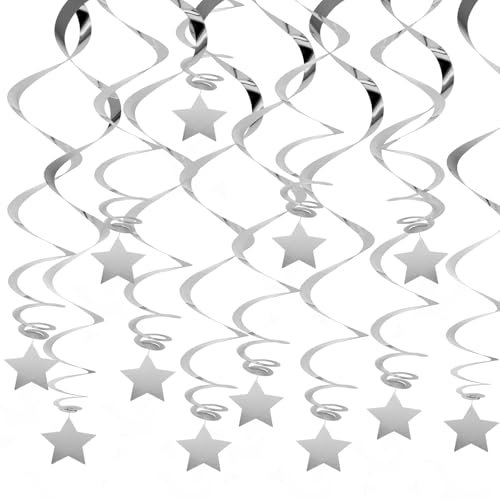 20 Stück Silber Hängende Stern-Wirbel-Dekorationen, Luftschlangen, Dekoration Spirale Sterne Spiralen Girlande Folien, Folienwirbel für Deckendekoration, Abschlussfeier, Hochzeit, Partyzubehör