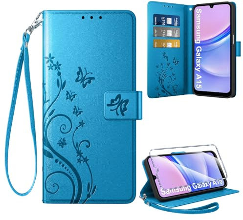Coiwxmoi Coque pour Samsung Galaxy A15 4G/5G + 1 Verre Trempé, Retro Design Housse Premium en Cuir PU Pochette de Portefeuille pour Porte Cartes Fonction Stand Flip Etui pour Samsung A15, Bleu