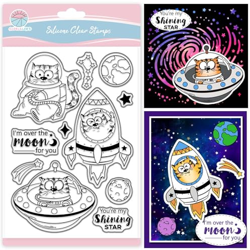 GLOBLELAND Space Comic Cat Clear Stamp für Scrapbooking Cartoon-Katze Silikonstempel Planet Meteor transparenter Stempel für Kartengestaltung DIY Prägen Journaling