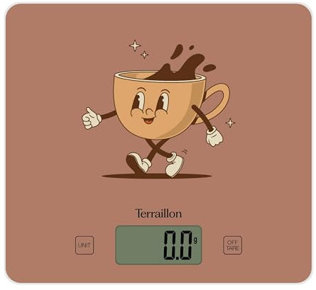 TERRAILLON - T1040 RETRO COFFEE - Balance de cusine électronique, Plateau verre, Capacité 3 kg, Graduation 1g, Tare, Conversions Liquides, Ultra-Fine et compacte - Ecran LCD - Rétro Coffee