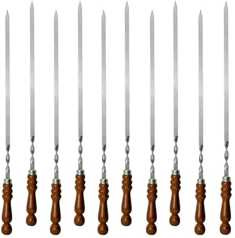 10 st. Set BBQ Edelstahlspieß mit Holzgriff 70cm lang 1,2cm breit 3mm | Grillspieße Schaschlikspieße Barbecuespieß Extra Stark Edelstahl Schampura für Fleisch, Gemüse, Pilze, Kebab Rouladenspieße