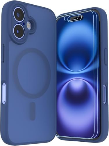 LUNOVATE Magnetic Shockproof for iPhone 16 Case, 14FT Military Protective Cover, Anti-Slip Texture Translucent Matte Phone Case with 2 Screen Protector for iPhone 16 - Deep Blue