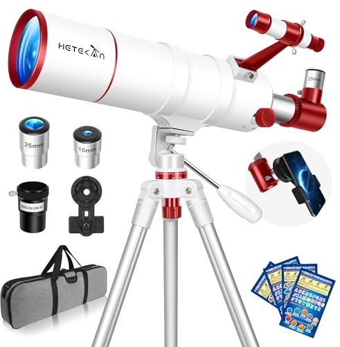 HETEKAN Telescopio Refractor 90mm Apertura 550mm Distancia Focal, Telescopio Astronómico Portátil para Adultos, Principiantes y Niños, 22X-165X con Trípode AZ, Adaptador de Teléfono, Bolsa y Pegatinas