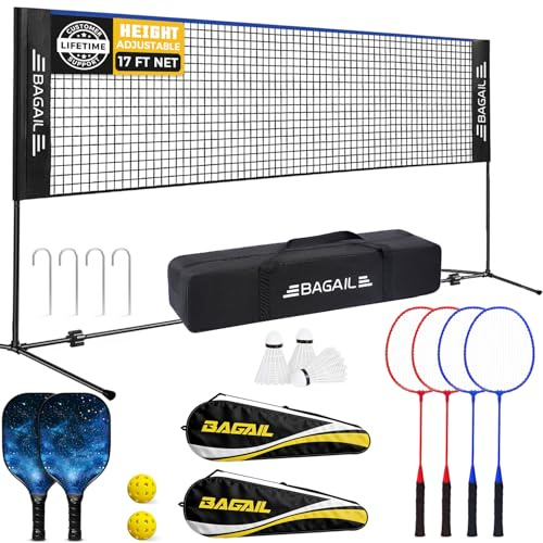 BAGAIL Filet de Sport de Pickleball et de Badminton, 3 m / 4,2 m / 5,2 m | de filet réglable en hauteur, sac de transport, montage sans outils, idéal pour le volley-ball, le pickleball et le tennis