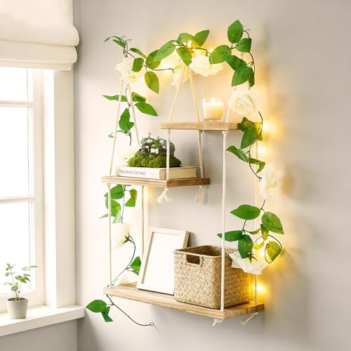 3 Stück Makramee Wandregal, Wandregal Holz mit Baumwollseil Boho Style, Makramee Deko Handgewebte Schweberegal, Wohnzimmer, Schlafzimmer, Makramee Regal mit Rankpflanze & Lichterkette, Boho Wanddeko