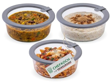 FACKELMANN Chefkoch trifft 3er Set Vorratsdose mit Glasdeckel – 400ml, Frischhaltedose aus Borosilikatglas, rund, mikrowellen-, backofen- und gefrierfest, luftdicht & auslaufsicher