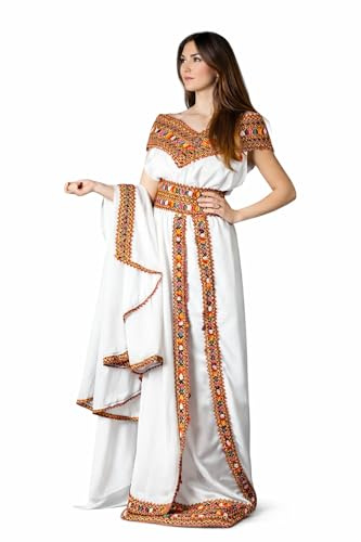 Robe Kabyle Femme Blanche Brodée – Robe Traditionnelle Algérienne – Robe Orientale Élégante pour Mariage, Fête et Soirée