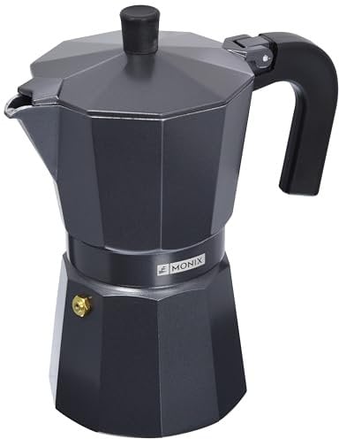 MONIX Vitro Noir Cafetera italiana de aluminio 6 tazas, Apta para todo tipo de cocinas salvo inducción, Color negro