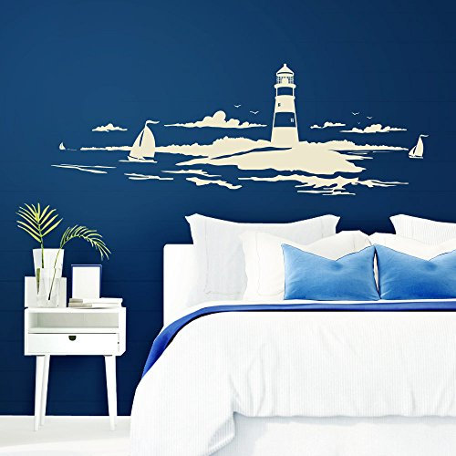 Grandora Skyline Küstenlandschaft Leuchtturm I cremeweiß 120 x 42 cm I Bad Wohnzimmer Schlafzimmer Aufkleber Wandaufkleber Wandsticker Modern W974