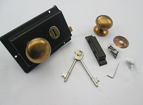 IRONMONGERY WORLD® Old Vintage Period Victorian Style Solid Brass Black Rim Lock Door KNOB Handles (Rim KNOB+Lock Antique Aged Dull Natural Brass)