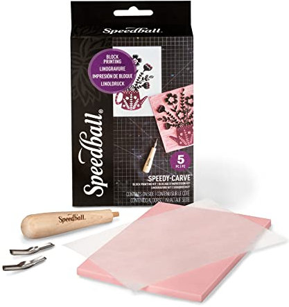 Speedball Speedy Carve Basic Kit, Linocut Block Pink, For Block Printing, Print Making, Stampers, Carving, Lino Blocks Tracing, Art Tools For Tool Kit, Lino Sheets For Art, Craft