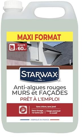 STARWAX - Anti-algues Rouges Murs et Façades Prêt à l'Emploi - Sans Chlore, sans Javel - Usage Ponctuel et Curatif - Bidon en Plastique 50% recyclé -Fabriqué en France - 6 L - Jusqu'à 60 m2