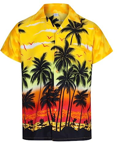 REDSTAR Mens Hawaiian Shirt Short Sleeve STAG Beach Holiday Palm Tree Fancy Dress Hawaii (Large, Yellow)