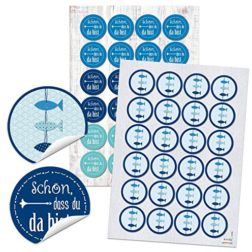 Logbuch-Verlag 24 Fische Aufkleber + 24 Schön dass du da bist Sticker Kommunion Gäste Taufe rund 4 cm Set Verzierung