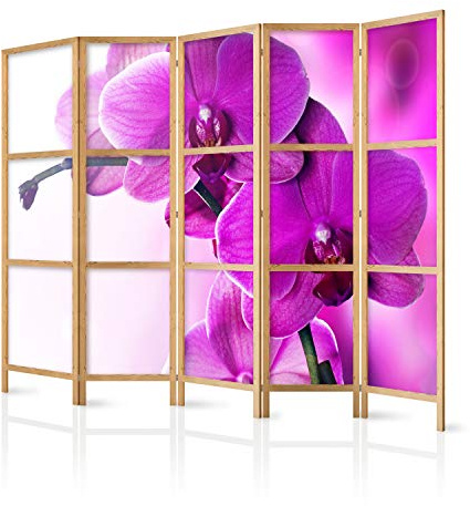 murando - Paravent Raumteiler Holz Blumen Orchidee, 225x172 cm, 5-teilig | Mobiler Sichtschutz, sofort einsatzbereit, Holzrahmen, ideal fürs Wohnzimmer oder Büro, geruchsneutral, lichtbeständig