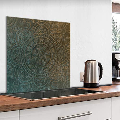 murando Glass Splashback for Kitchen Backsplash Cooker Protector Tempered Glass Decorative Wall Art Panel Heat Resistant Graphic 60x60 cm / 24x24 Ornament Mandala Orient f-C-0433-aq-a