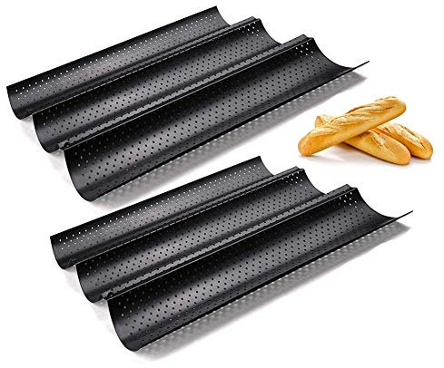 2 Stück Baguette Backblech Baguetteform Antihaftbeschichtet Karbonstahl für 3 Baguette 38 x 24,5 cm