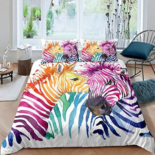 Homemissing Zebra Bettwäsche Set 135x200cm Aquarell Pferdedruck Bettbezug Set für Kinder Jungen Mädchen Tier Thema Betten Set 3D Zebra Atmungsaktive Bunte Streifen 2St
