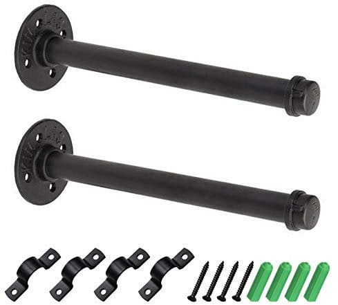 INCREWAY Rohr-Regalhalterungen, 2 Stück, schwarz, Retro-Flansch-Rohrhalterungen, Metall, Wandmontage, rustikale Regalhalterungen (30 cm)