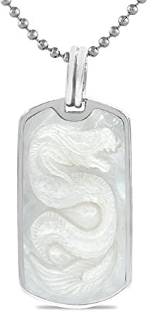 Starborn Anhänger im Dog-Tag-Stil mit Perlmutt und handgefertigter Drachen Schnitzerei