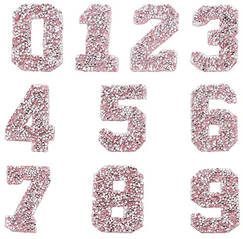 GORGECRAFT Glitter Rhinestone Number Stickers 0-9 Numbers 2.7 Inch High Self-Adhesive Iron-on Word Stickers for Cars Arts Crafts Clothing DIY Decoration (Pink)