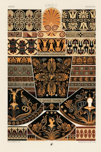 Greek Pattern Notebook: Black and Brown Pattern Journal, Albert Racinet Art, Native Aztec Oriental Geometric Pattern, Greek Roman Floral Rug Colourful Notebook, 120 Pages