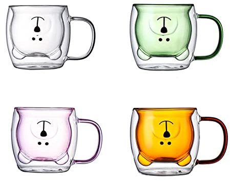 Panonw Lot de 4 tasses à café isothermes en verre à double paroi avec poignée - Motif ours mignon - 250 ml
