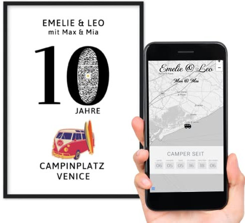 Camper Jubiläum QrCode als Bild, Geschenkidee VW Bus Fahrer, Bulli Vanlife T3, Campingplatz, Zeltplatz, Lieblingsplatz (13x18, Bilderrahmen Weiss)