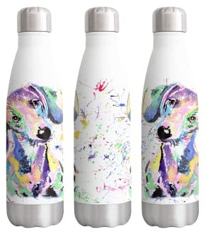 Vixar Dachshund Sausage Dog Wiener Pet Watercolour Farm animals rainbow art Bottle double Wall insulated Stainless steel sport Drinks 500ml WHITE Gift ideal for school work office Oudoor sports