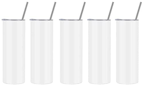 wowsubli Sublimation 20 oz Blank Skinny Tumbler with Straw and Lid, Stainless Steel Double Wall Vacuum Insulated Skinny Tumblers for Sublimation Heat Press (White,5)